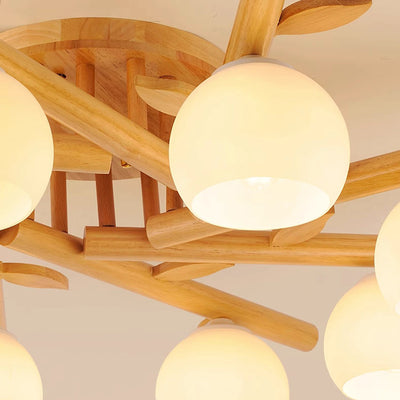Traditioneller japanischer runder Fächer Holz Glas 3/5/8 Licht Semi-Flush Mount Deckenleuchte für Wohnzimmer 