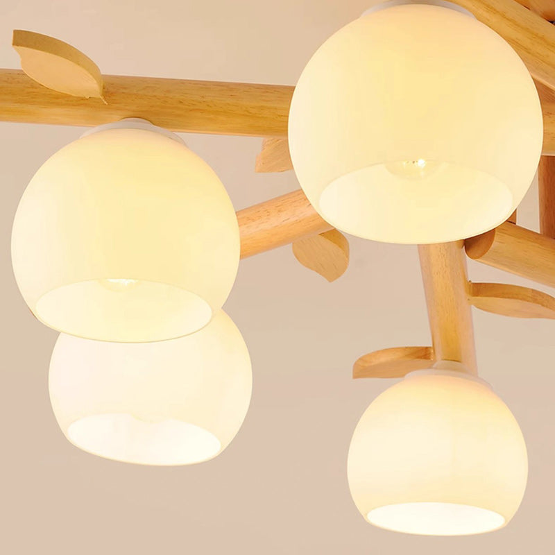 Traditioneller japanischer runder Fächer Holz Glas 3/5/8 Licht Semi-Flush Mount Deckenleuchte für Wohnzimmer 