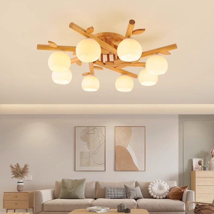 Ventilateur rond japonais traditionnel en bois verre 3/5/8 lumière semi-encastrée pour plafond pour salon 