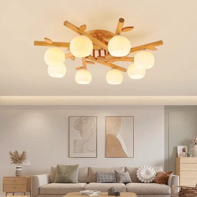 Traditioneller japanischer runder Fächer Holz Glas 3/5/8 Licht Semi-Flush Mount Deckenleuchte für Wohnzimmer 