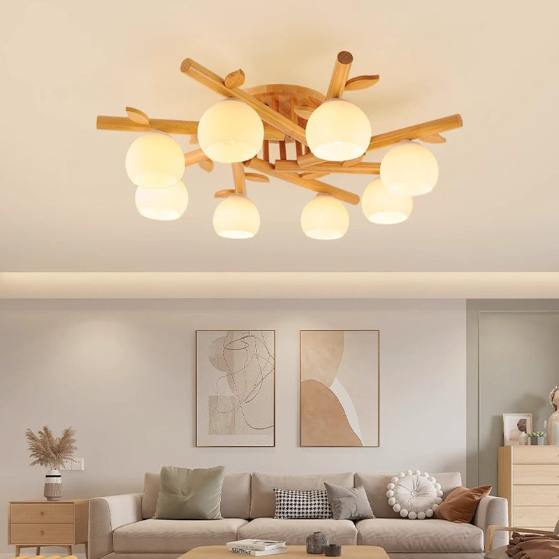 Traditioneller japanischer runder Fächer Holz Glas 3/5/8 Licht Semi-Flush Mount Deckenleuchte für Wohnzimmer 
