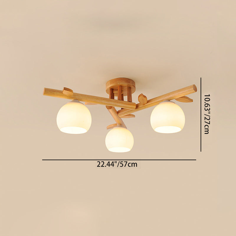 Traditioneller japanischer runder Fächer Holz Glas 3/5/8 Licht Semi-Flush Mount Deckenleuchte für Wohnzimmer 
