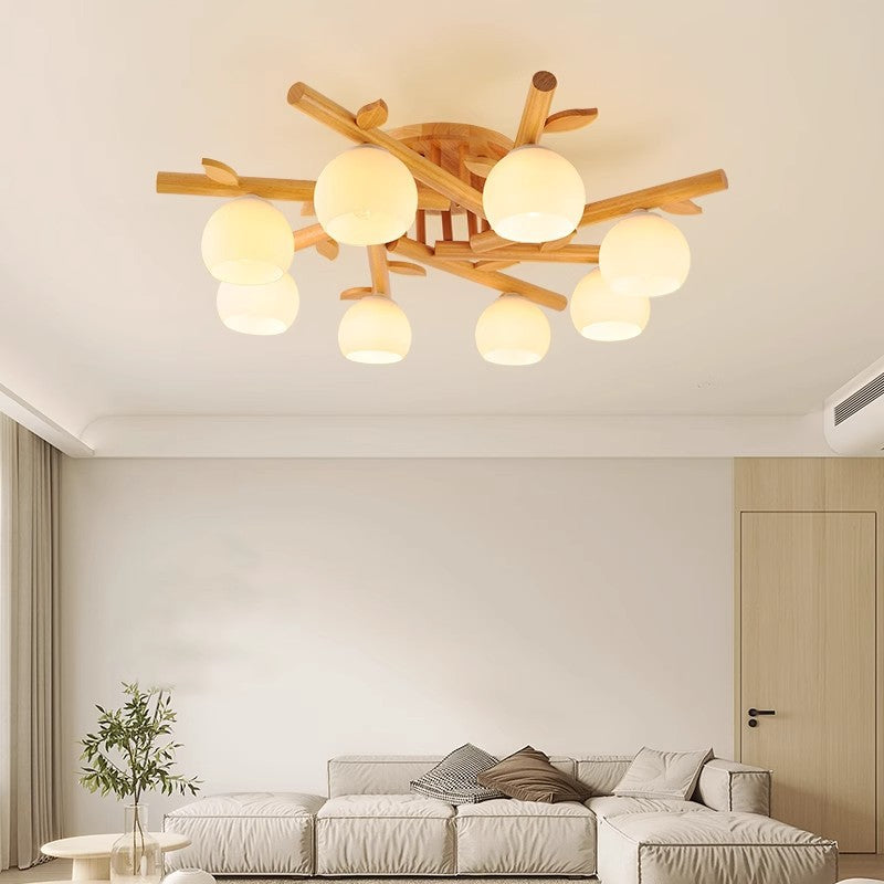 Traditioneller japanischer runder Fächer Holz Glas 3/5/8 Licht Semi-Flush Mount Deckenleuchte für Wohnzimmer 
