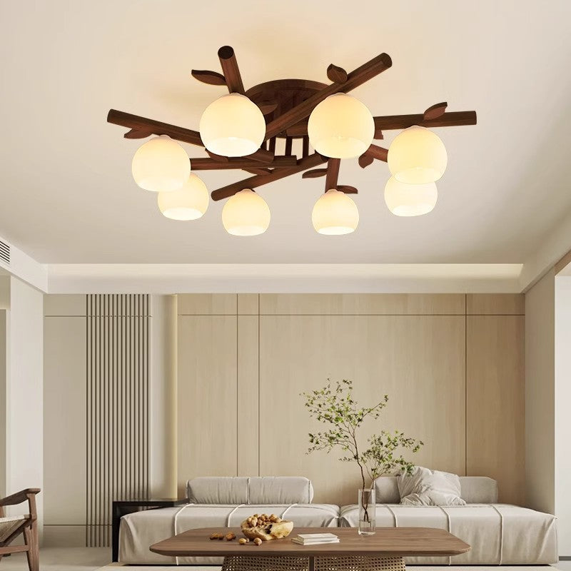 Traditioneller japanischer runder Fächer Holz Glas 3/5/8 Licht Semi-Flush Mount Deckenleuchte für Wohnzimmer 