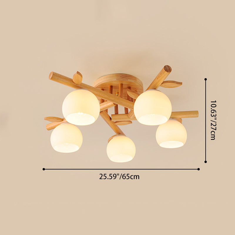 Traditioneller japanischer runder Fächer Holz Glas 3/5/8 Licht Semi-Flush Mount Deckenleuchte für Wohnzimmer 