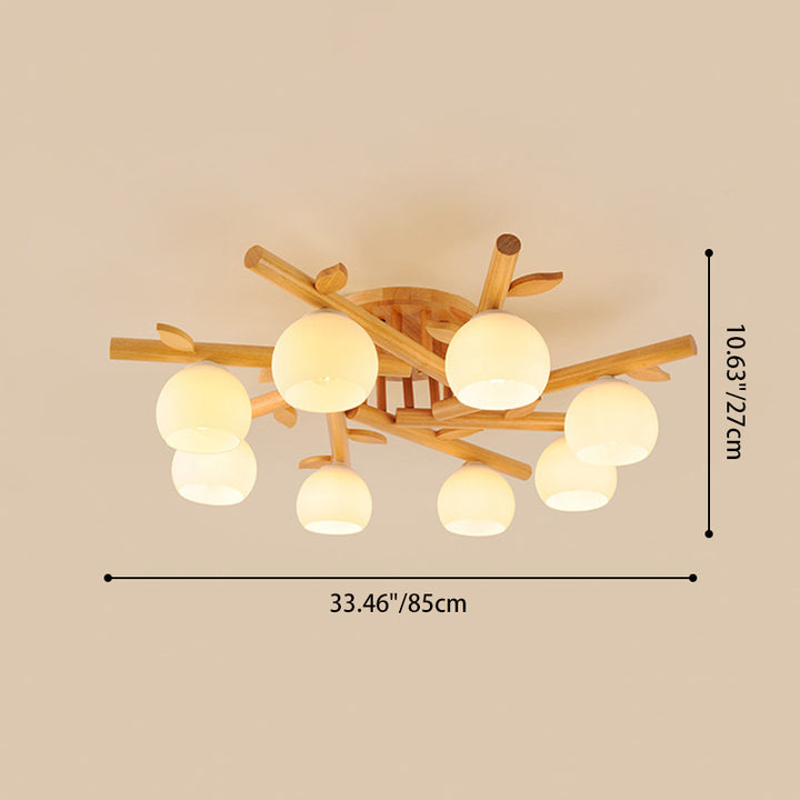 Ventilateur rond japonais traditionnel en bois verre 3/5/8 lumière semi-encastrée pour plafond pour salon 