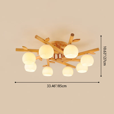 Traditioneller japanischer runder Fächer Holz Glas 3/5/8 Licht Semi-Flush Mount Deckenleuchte für Wohnzimmer 