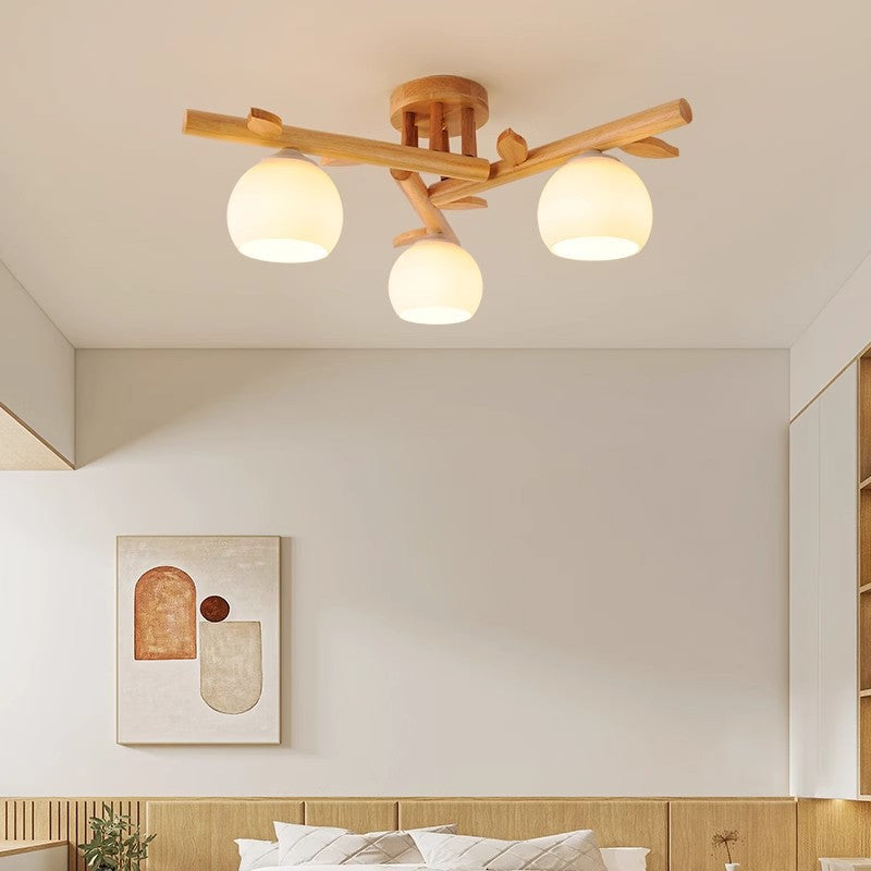 Traditioneller japanischer runder Fächer Holz Glas 3/5/8 Licht Semi-Flush Mount Deckenleuchte für Wohnzimmer 
