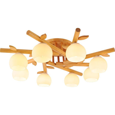 Traditioneller japanischer runder Fächer Holz Glas 3/5/8 Licht Semi-Flush Mount Deckenleuchte für Wohnzimmer 
