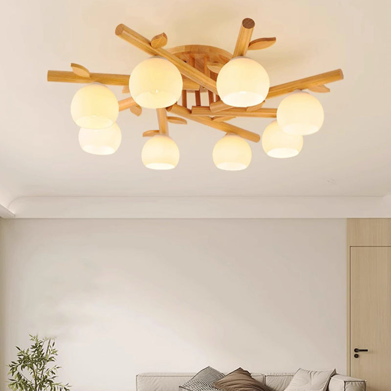 Traditioneller japanischer runder Fächer Holz Glas 3/5/8 Licht Semi-Flush Mount Deckenleuchte für Wohnzimmer 