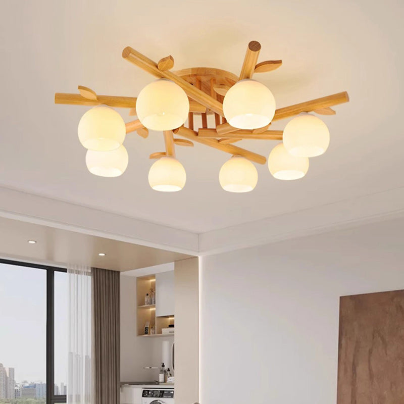Traditioneller japanischer runder Fächer Holz Glas 3/5/8 Licht Semi-Flush Mount Deckenleuchte für Wohnzimmer 