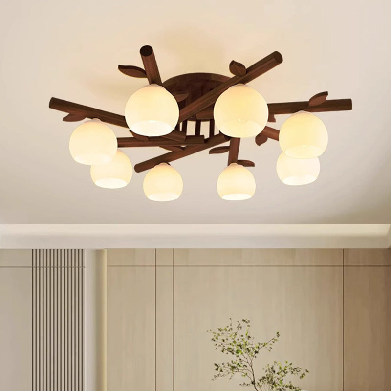 Traditioneller japanischer runder Fächer Holz Glas 3/5/8 Licht Semi-Flush Mount Deckenleuchte für Wohnzimmer 