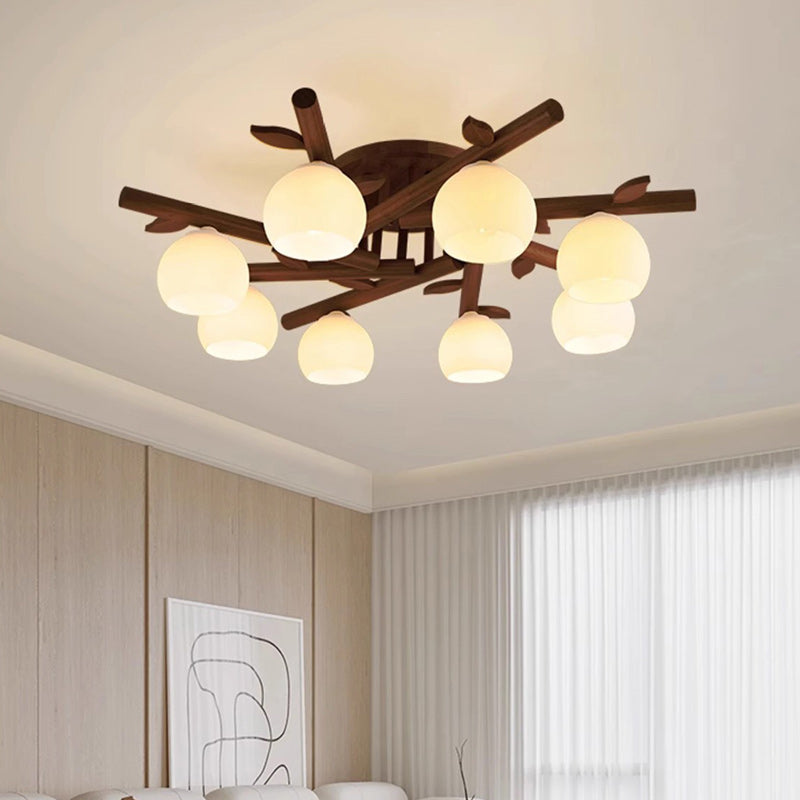 Traditioneller japanischer runder Fächer Holz Glas 3/5/8 Licht Semi-Flush Mount Deckenleuchte für Wohnzimmer 