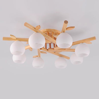 Traditioneller japanischer runder Fächer Holz Glas 3/5/8 Licht Semi-Flush Mount Deckenleuchte für Wohnzimmer 