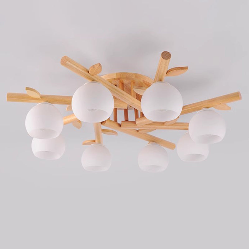 Traditioneller japanischer runder Fächer Holz Glas 3/5/8 Licht Semi-Flush Mount Deckenleuchte für Wohnzimmer 