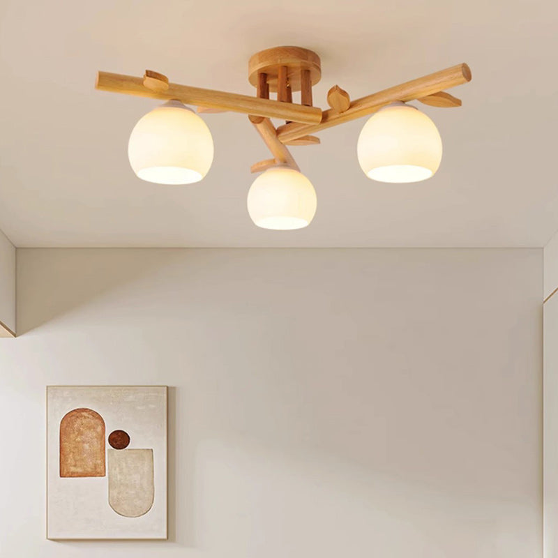 Traditioneller japanischer runder Fächer Holz Glas 3/5/8 Licht Semi-Flush Mount Deckenleuchte für Wohnzimmer 