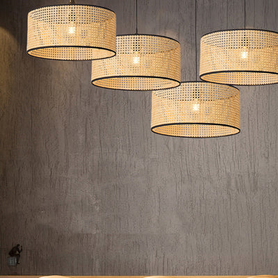 Traditional Japanese Cylindrical Wicker Iron 1-light Pendant Light For Bedroom