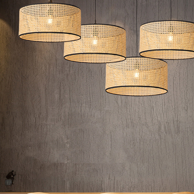 Traditional Japanese Cylindrical Wicker Iron 1-light Pendant Light For Bedroom