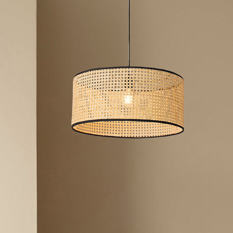 Traditional Japanese Cylindrical Wicker Iron 1-light Pendant Light For Bedroom