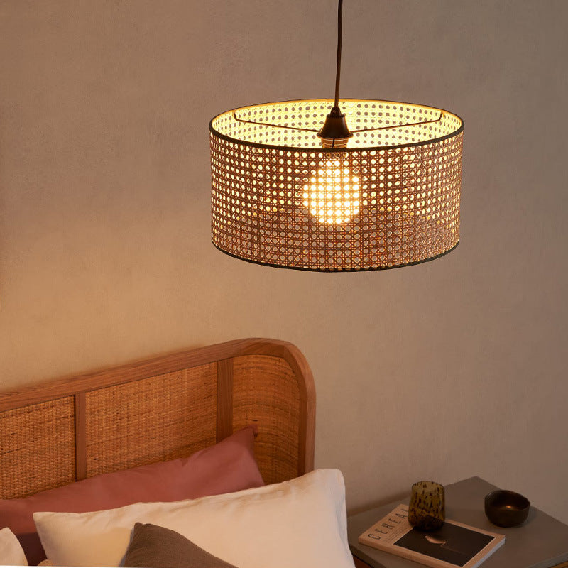 Traditional Japanese Cylindrical Wicker Iron 1-light Pendant Light For Bedroom