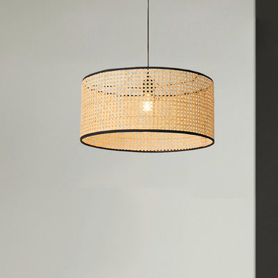 Traditional Japanese Cylindrical Wicker Iron 1-light Pendant Light For Bedroom