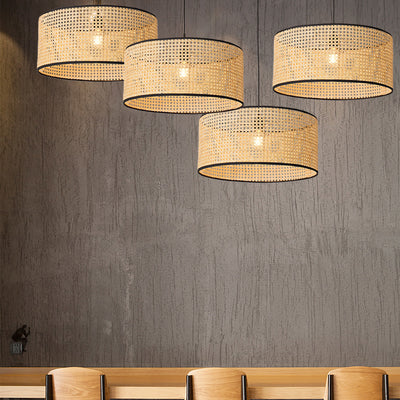 Traditional Japanese Cylindrical Wicker Iron 1-light Pendant Light For Bedroom