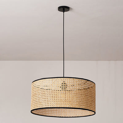 Traditional Japanese Cylindrical Wicker Iron 1-light Pendant Light For Bedroom