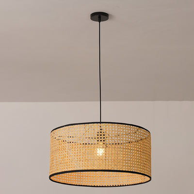 Traditional Japanese Cylindrical Wicker Iron 1-light Pendant Light For Bedroom