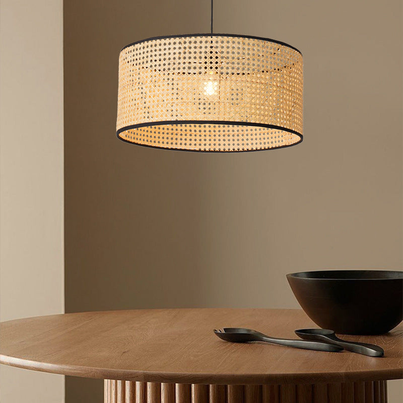 Traditional Japanese Cylindrical Wicker Iron 1-light Pendant Light For Bedroom