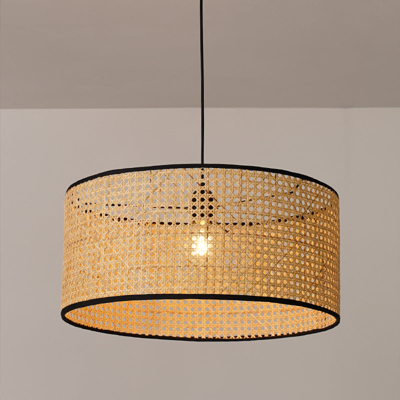 Traditional Japanese Cylindrical Wicker Iron 1-light Pendant Light For Bedroom