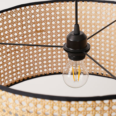 Traditional Japanese Cylindrical Wicker Iron 1-light Pendant Light For Bedroom