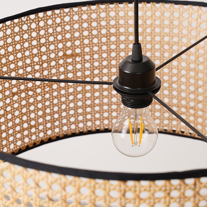 Traditional Japanese Cylindrical Wicker Iron 1-light Pendant Light For Bedroom