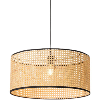 Traditional Japanese Cylindrical Wicker Iron 1-light Pendant Light For Bedroom