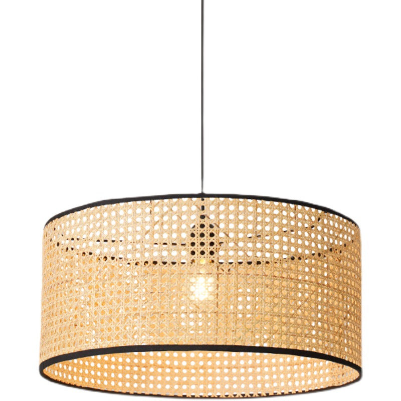 Traditional Japanese Cylindrical Wicker Iron 1-light Pendant Light For Bedroom