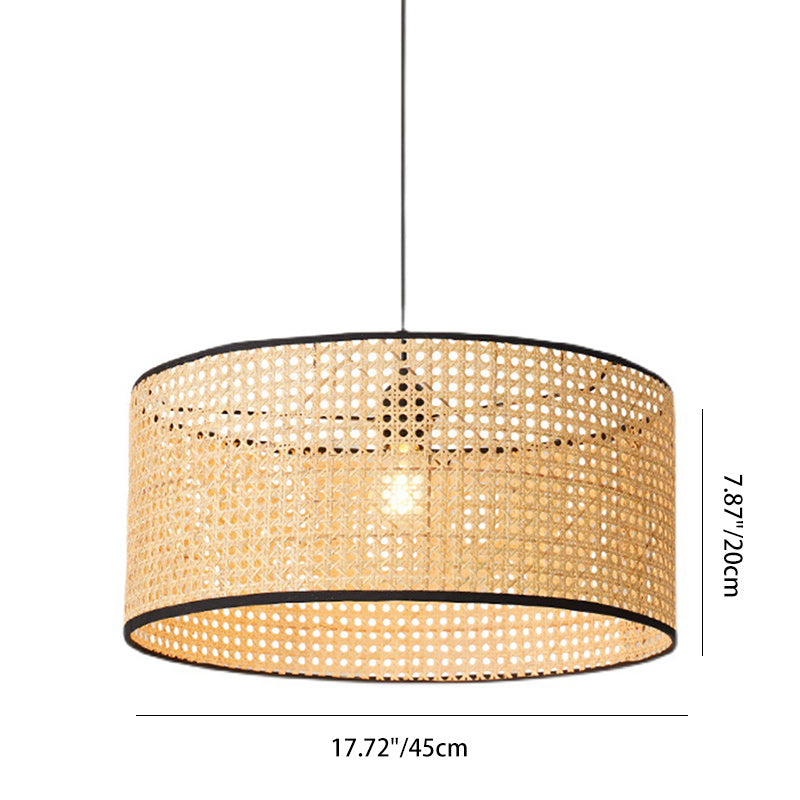 Traditional Japanese Cylindrical Wicker Iron 1-light Pendant Light For Bedroom