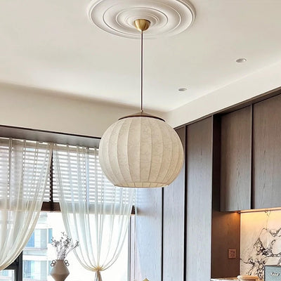 Traditional Japanese Round Wood Fabric 3-light Pendant Light For Dining Room