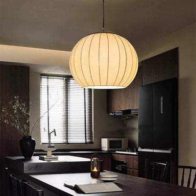 Traditional Japanese Round Wood Fabric 3-light Pendant Light For Dining Room