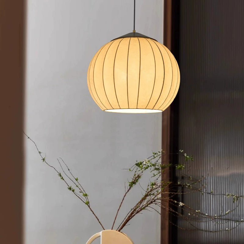 Traditional Japanese Round Wood Fabric 3-light Pendant Light For Dining Room