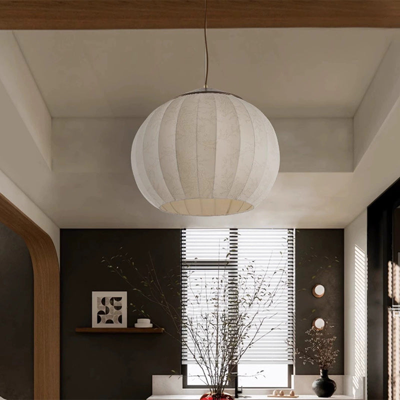 Traditional Japanese Round Wood Fabric 3-light Pendant Light For Dining Room
