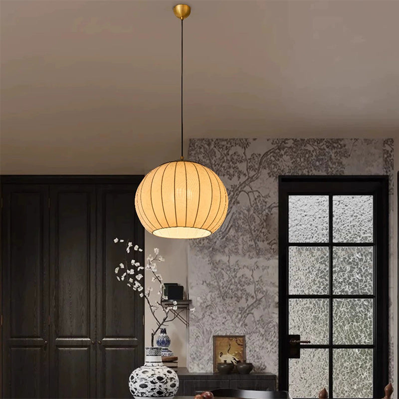Traditional Japanese Round Wood Fabric 3-light Pendant Light For Dining Room