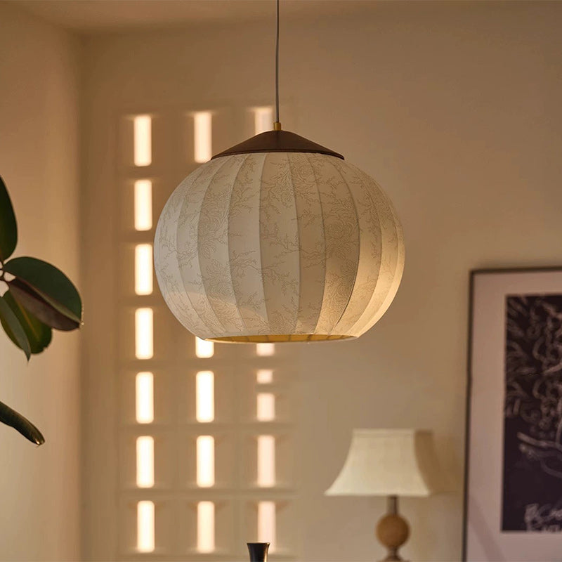 Traditional Japanese Round Wood Fabric 3-light Pendant Light For Dining Room