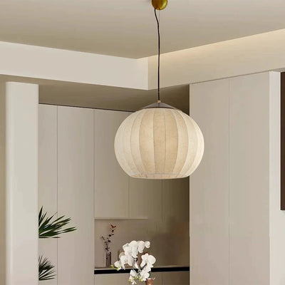 Traditional Japanese Round Wood Fabric 3-light Pendant Light For Dining Room