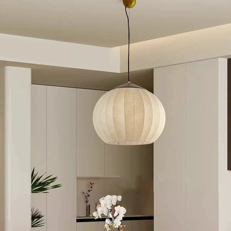 Traditional Japanese Round Wood Fabric 3-light Pendant Light For Dining Room