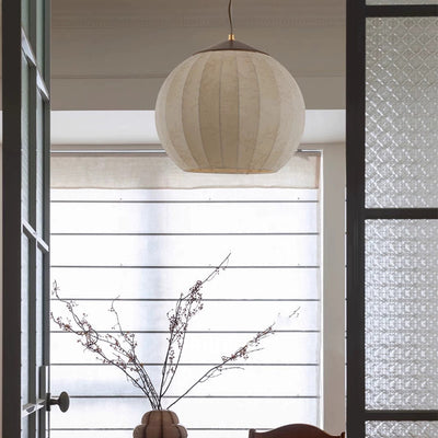 Traditional Japanese Round Wood Fabric 3-light Pendant Light For Dining Room