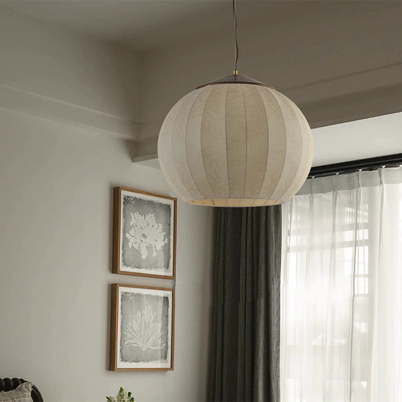Traditional Japanese Round Wood Fabric 3-light Pendant Light For Dining Room