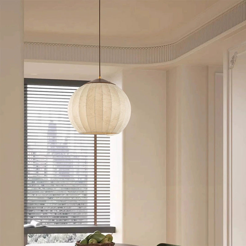 Traditional Japanese Round Wood Fabric 3-light Pendant Light For Dining Room
