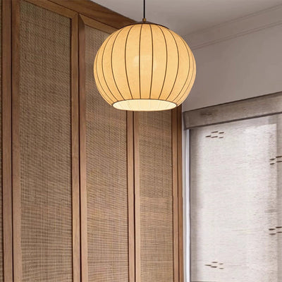 Traditional Japanese Round Wood Fabric 3-light Pendant Light For Dining Room