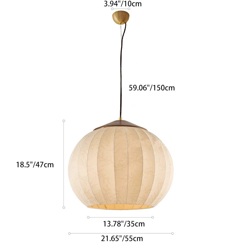 Traditional Japanese Round Wood Fabric 3-light Pendant Light For Dining Room