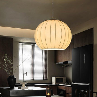 Traditional Japanese Round Wood Fabric 3-light Pendant Light For Dining Room