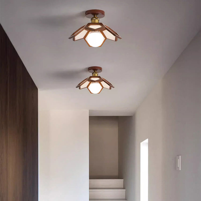 Modern Minimalist Flower PVC Wood 1-Light Semi-Flush Mount Ceiling Light For Hallway